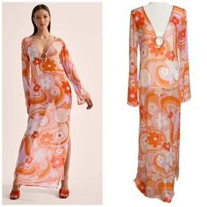 NWT‎ Revolve CIN CIN Totem Maxi Dress Coverup in Bloom Small Retro Semi Sheer